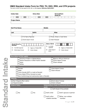 HMIS Standard Intake Form for PSH, TH, SSO, RRH, and OTH Projects