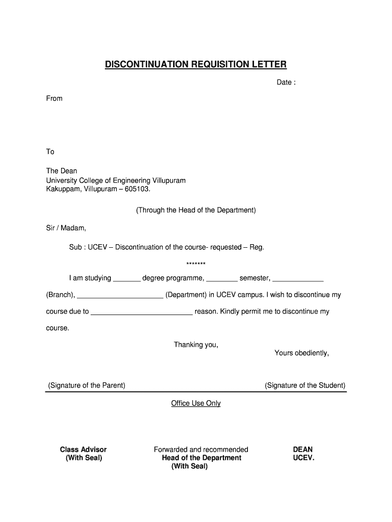 Discontinue Letter for College  Form