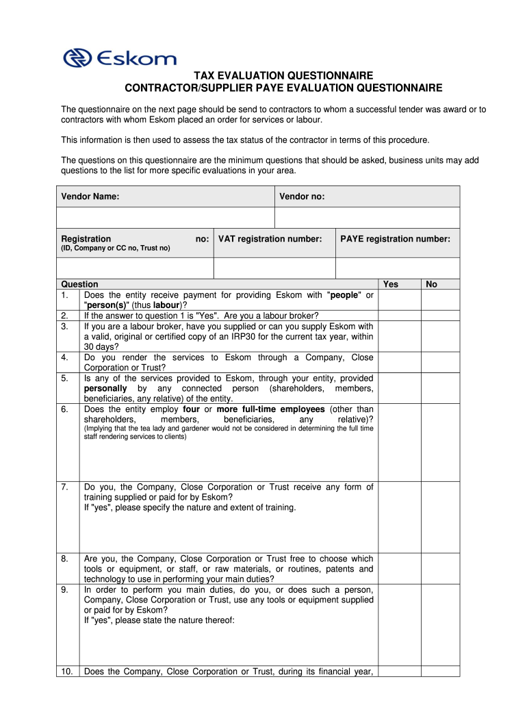 Tax Evaluation Questionnaire  Form