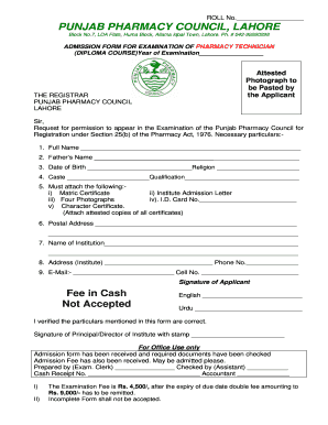 Pharmacy Assistant Admission Form