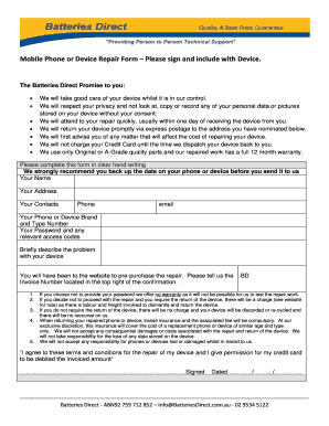 Mobile Phone or Device Repair Form Please Sign and Include with Device