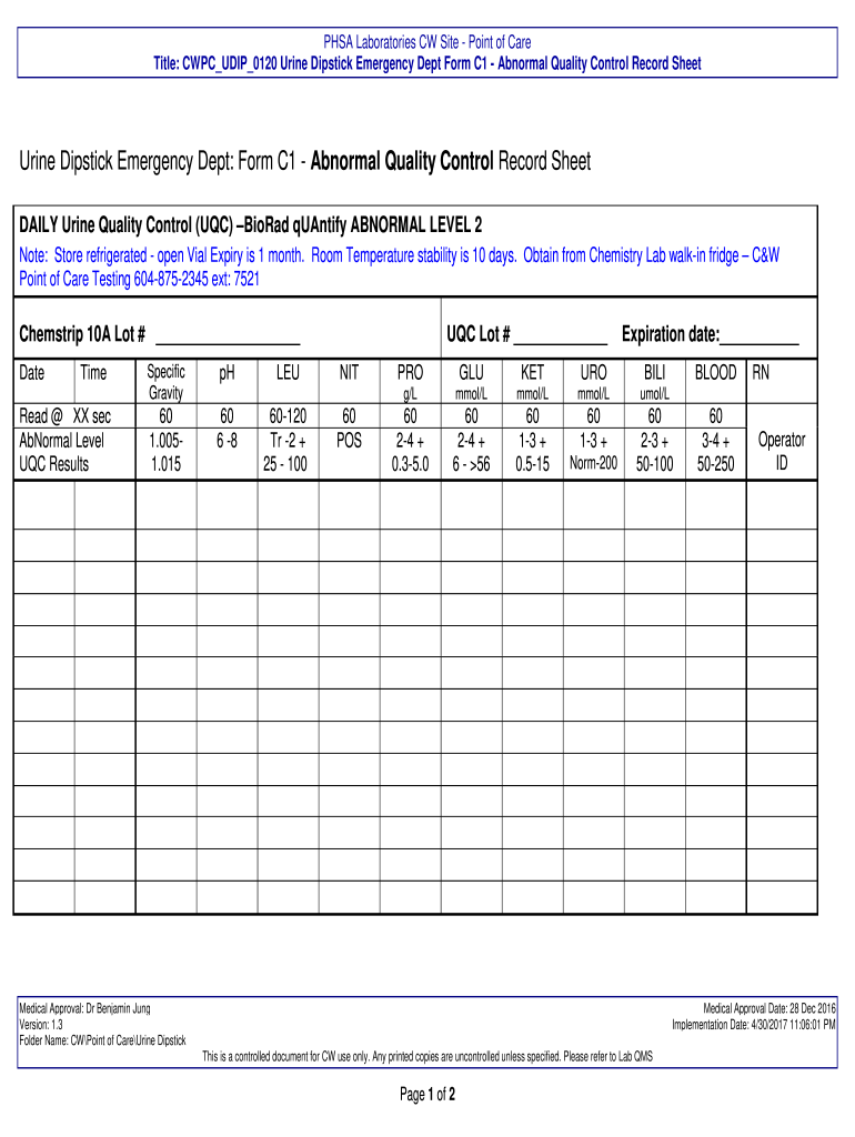 Urine Control Log Sheets Printable  Form