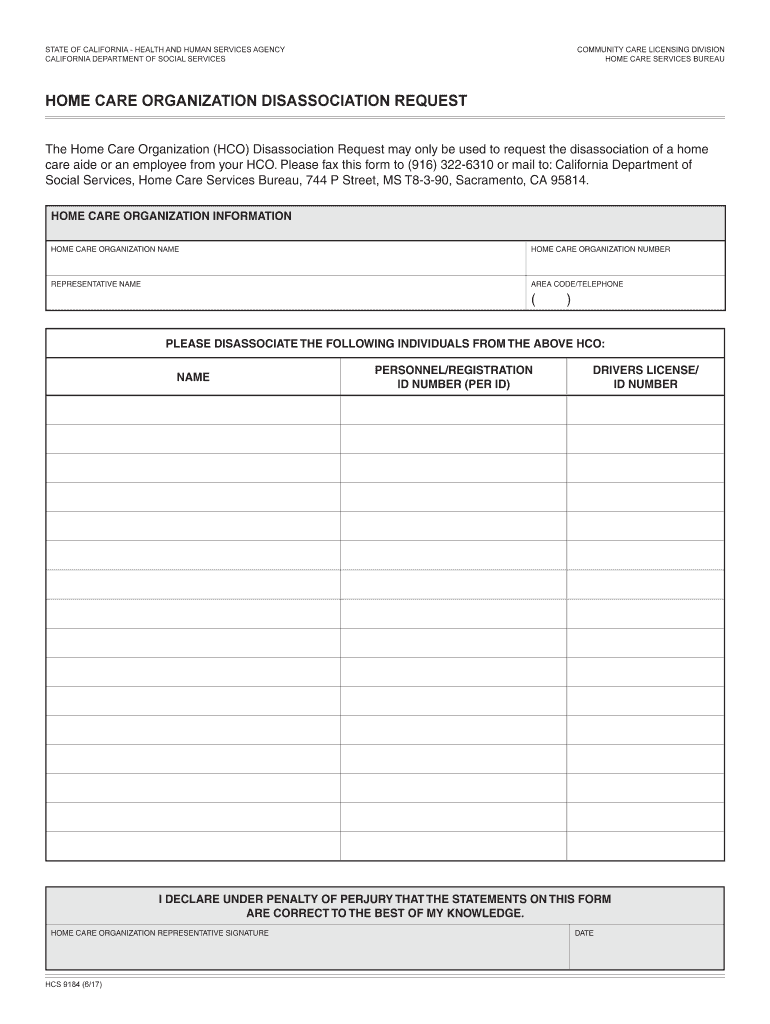 HOME CARE ORGANIZATION DISASSOCIATION REQUEST  Form