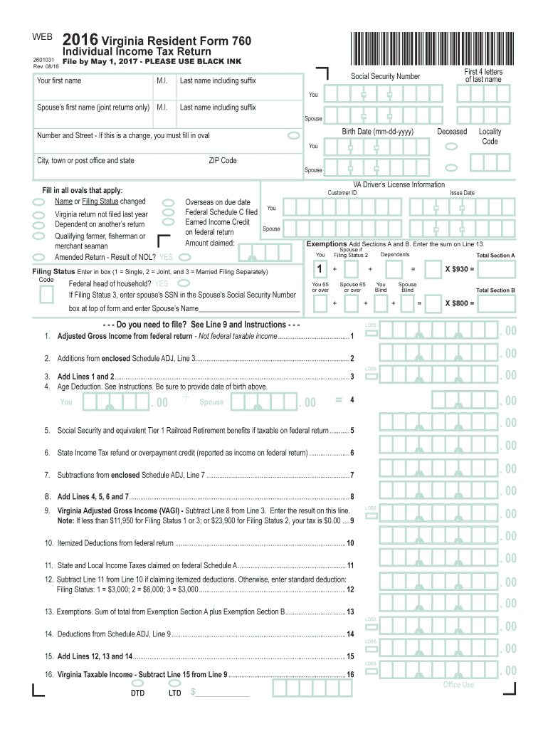 2016 Virginia Resident Form 760 Fill Out And Sign Printable PDF 