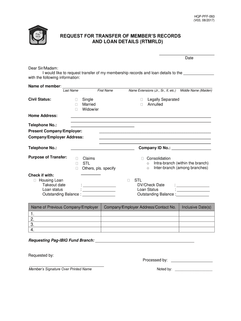 REQUEST for TRANSFER of MEMBERS RECORDS  Form
