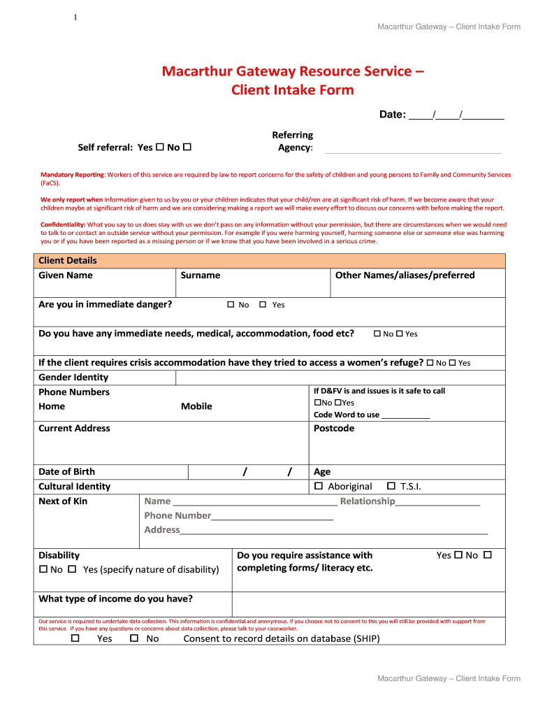 Macarthur Gateway Client Intake Form