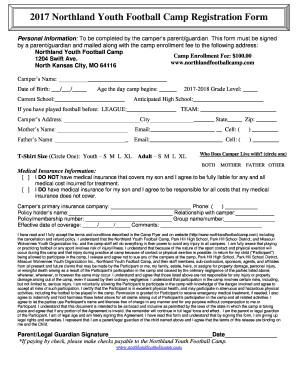 Northland Youth Football Camp Registration Form