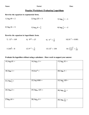 Evaluating Logarithms Worksheet PDF  Form