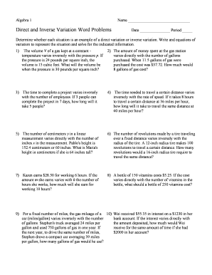 Inverse Variation Word Problems Worksheet  Form