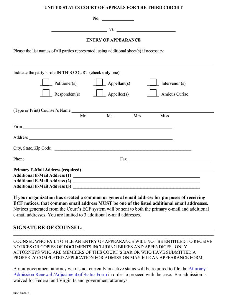  Certified Entry of Appearance Form 2016