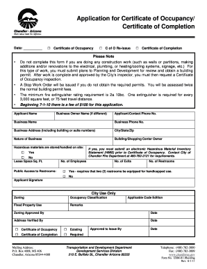 Application for Certificate of Occupancy City of Chandler Chandleraz  Form