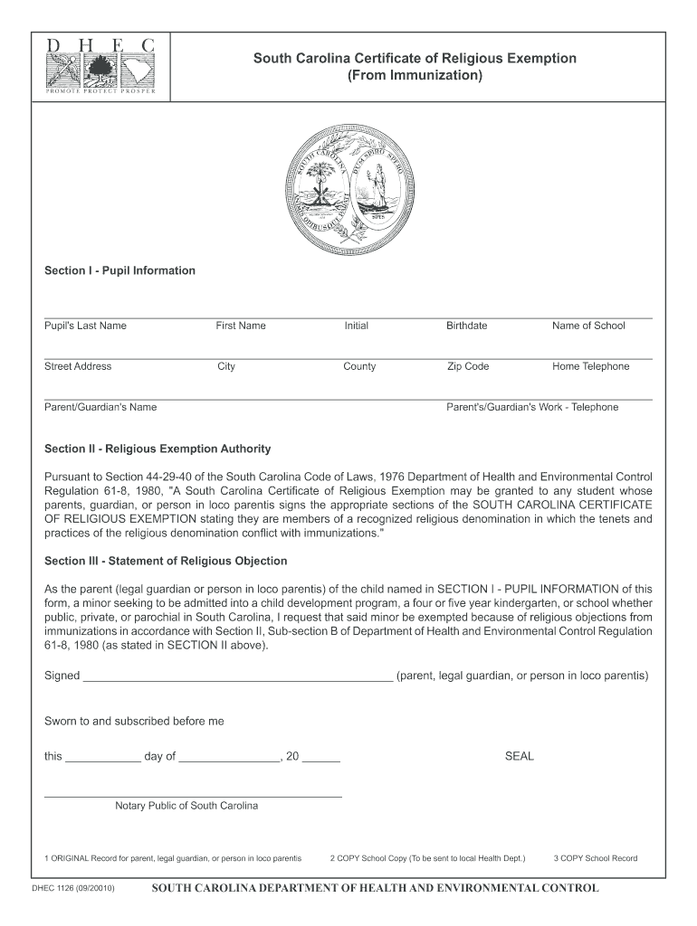 South Carolina Certificate of Religious Exemption from  Form