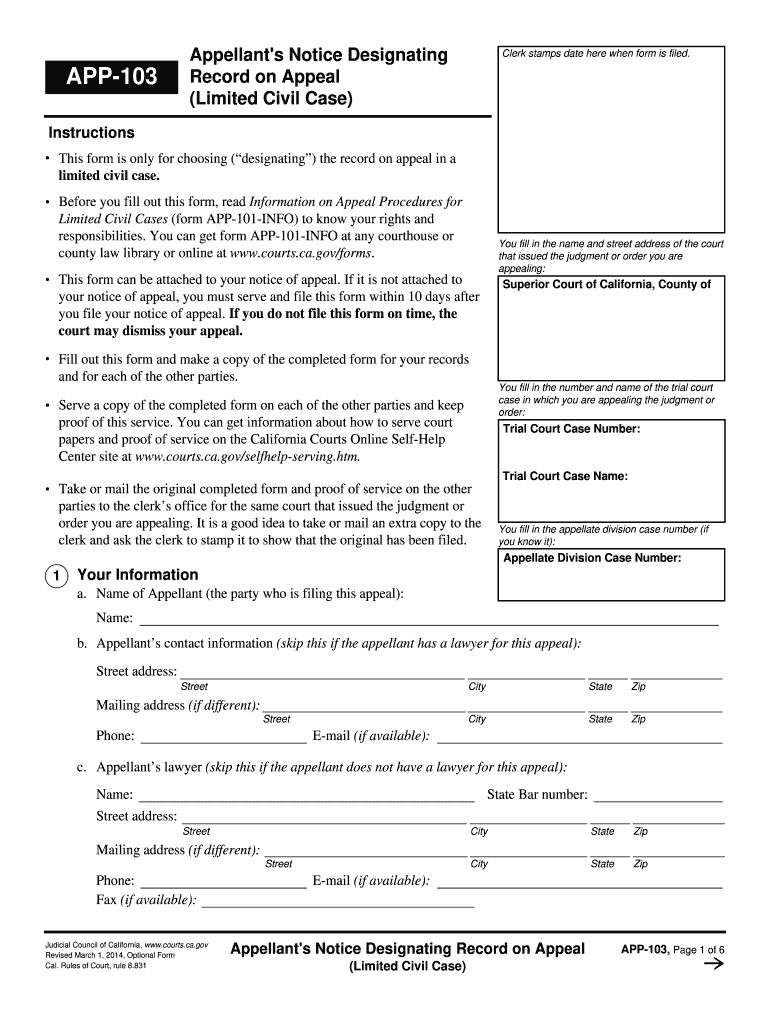  APP 103 Appellant's Notice Designating Record on Appeal Judicial Council Forms  Courtinfo Ca 2014-2024