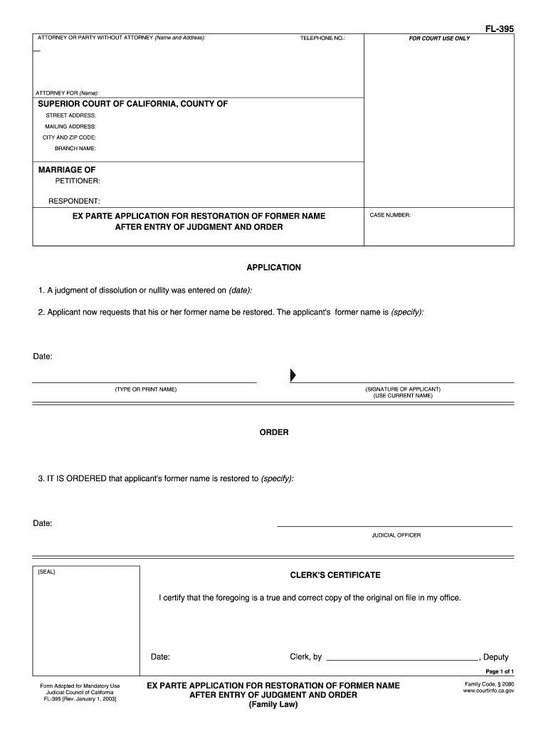 Ex Parte Application for Restoration of Former Name