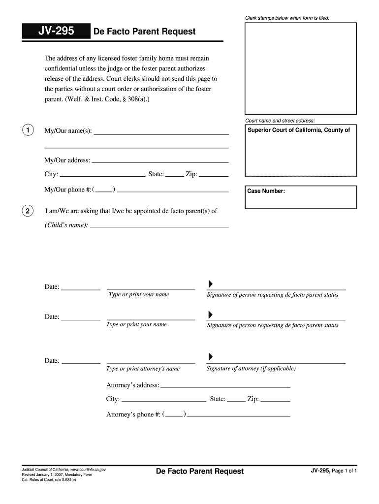 Jv 295 De Facto Parent Request  Form