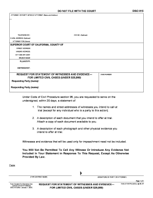 DISC 015 Request for Statement of Witnesses and Evidence for Limited Civil Cases under $25,000 Judicial Council Forms Courtinfo 