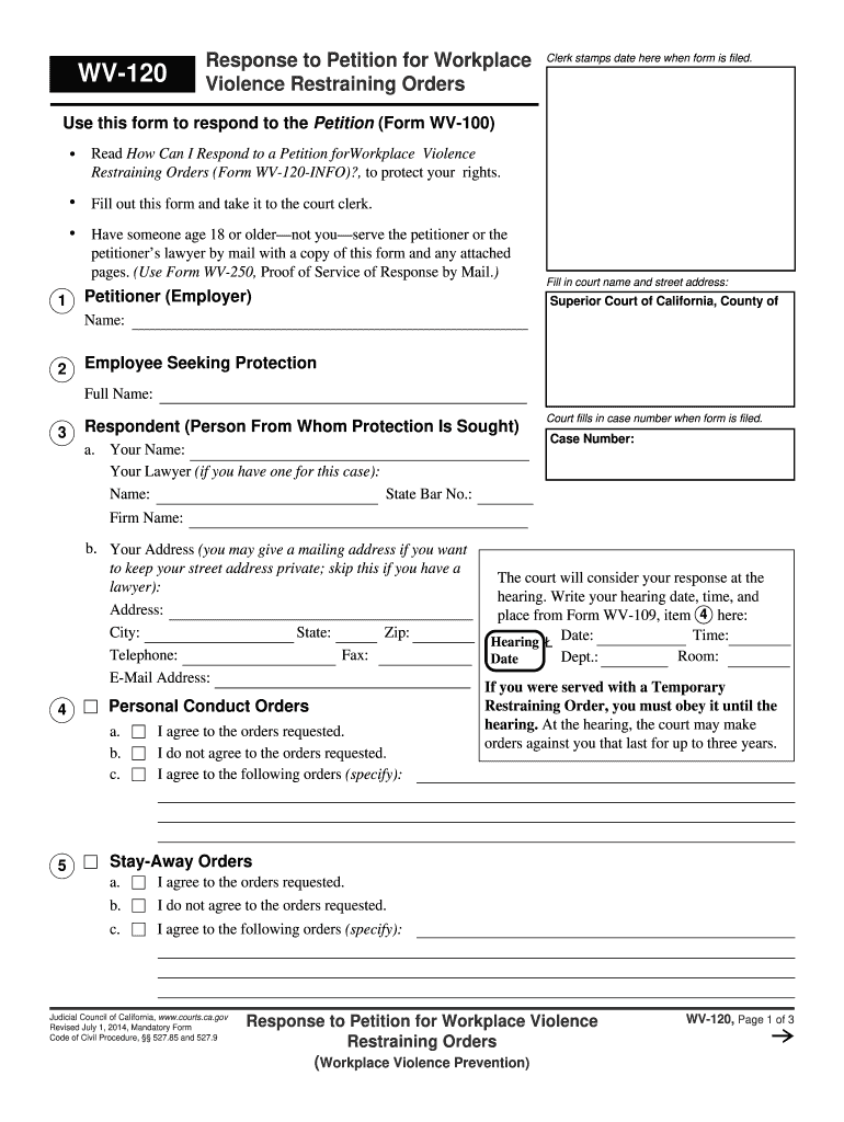  WV 120 Response to Petition for Workplace Violence Restraining  Courts Ca 2014