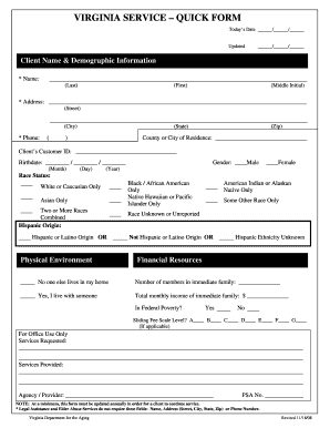 VIRGINIA SERVICE QUICK FORM Virginia Division for the Aging Vda Virginia