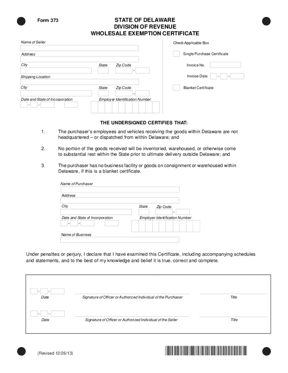  Form 373 STATE of DELAWARE DIVISION of REVENUE Revenue Delaware 2013-2024