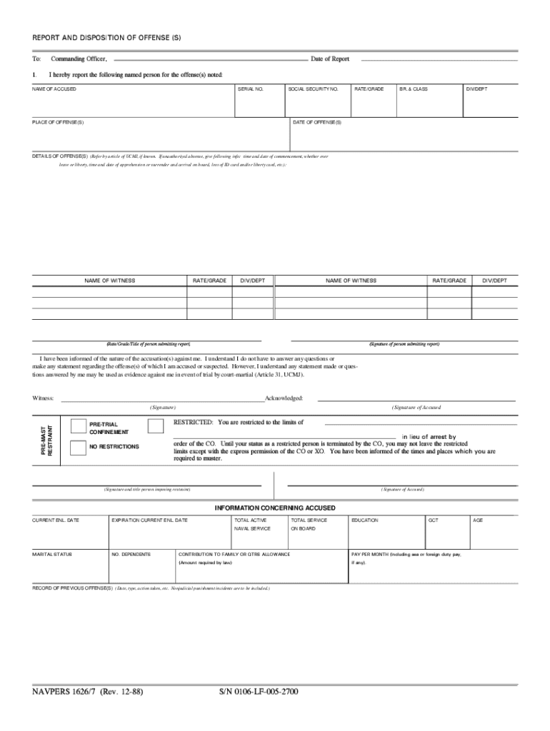 U S DOD Form Dod Navpers 1626 7  U S Federal Forms