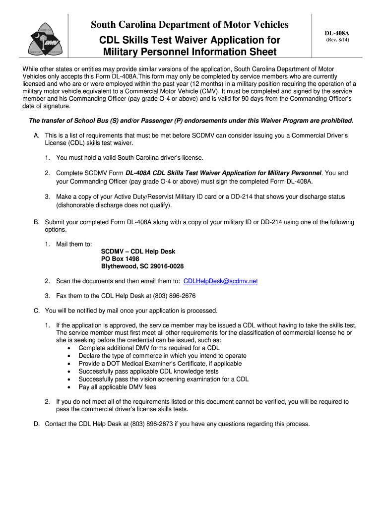  DL 408A CDL Skills Test Waiver Application for Military 2014