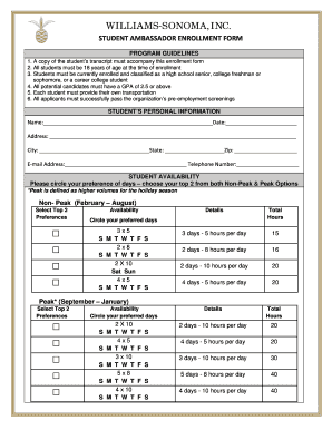 Williams Sonoma Student Ambassador Enrollment Form