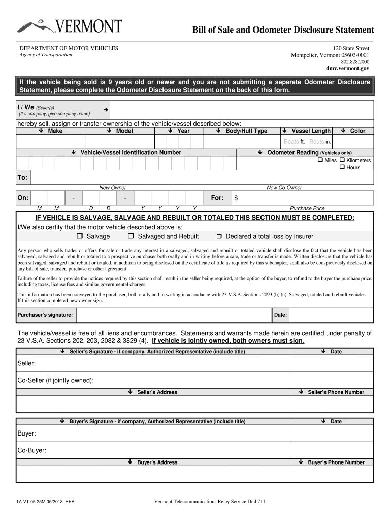  Bill of Sale and Odometer Disclosure Statement  Dmv Vermont 2013