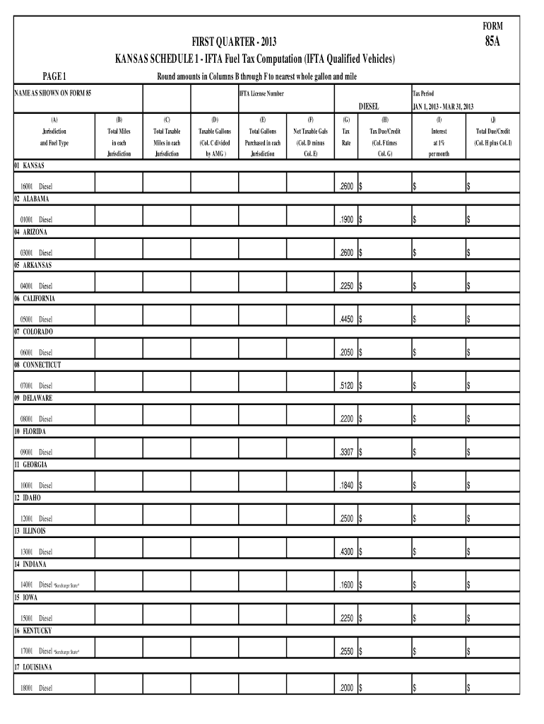  85A  First Quarter Diesel Form  Kansas Department of Revenue  Ksrevenue 2013