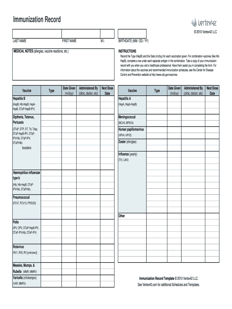 Printable Immunization Record Printable Immunization or Vaccination Record  Form