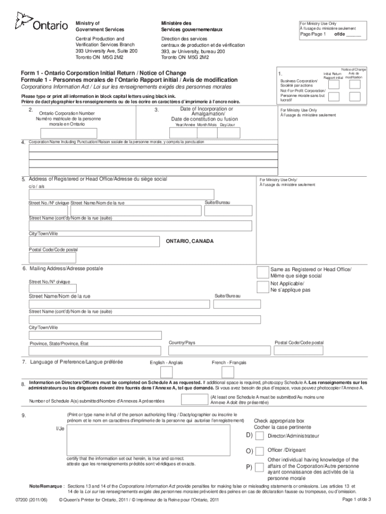 Initial ReturnNotice of Change by an Ontario Corporation Form 1 Forms Ssb Gov on