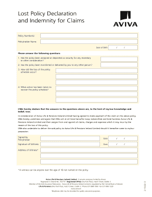Lost Policy Declaration Form of Indemnity Aviva