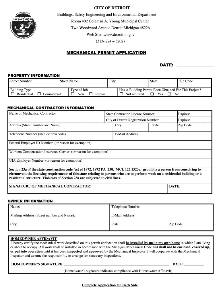  Mechanical Permit Application NEW City of Detroit Detroitmi 2012