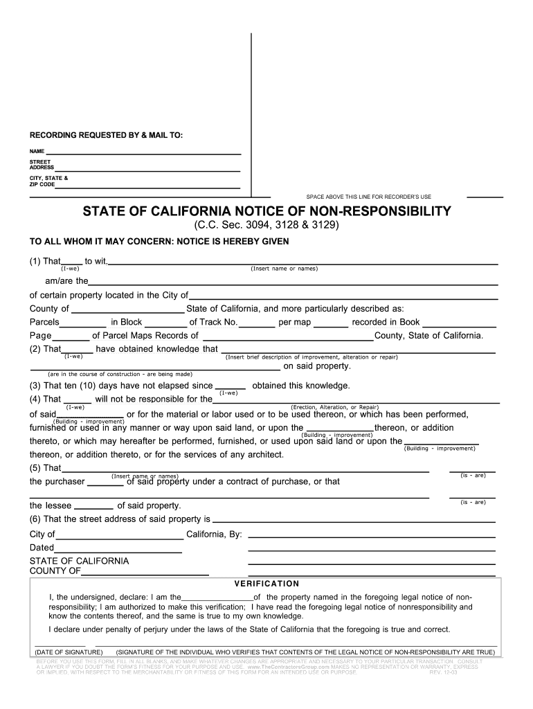 Notice of Non Responsibility California Form