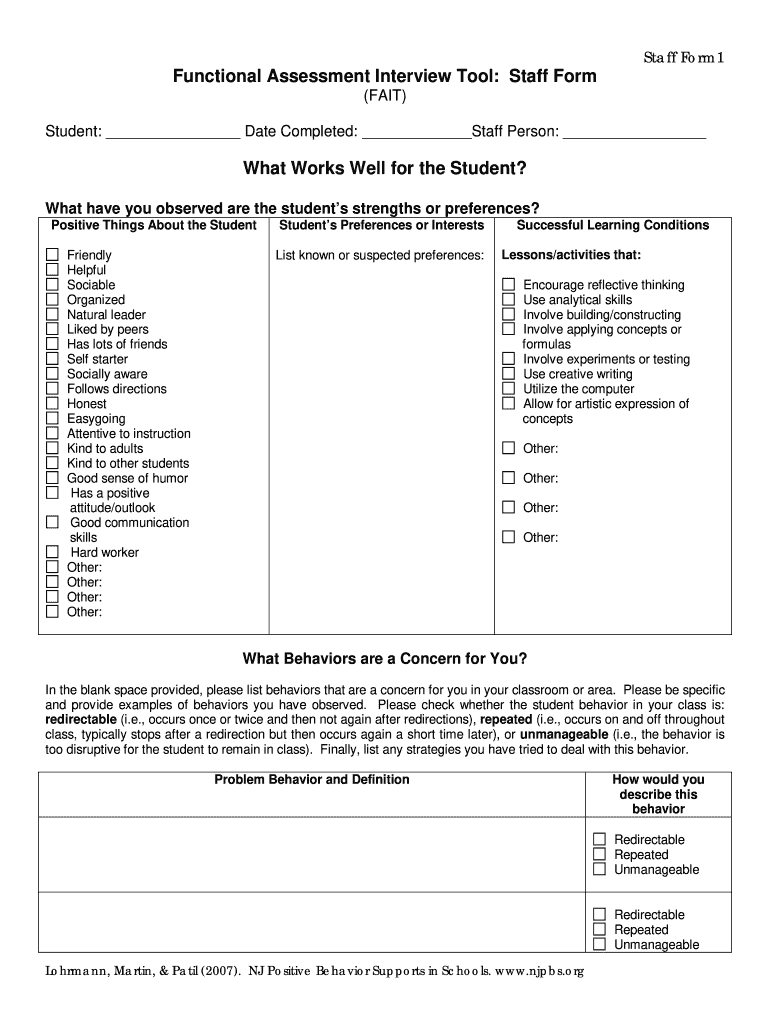 Get and Sign Staff Form1 Functional Assessment Interview Tool Staff Form Escambia K12 Fl 2007-2022