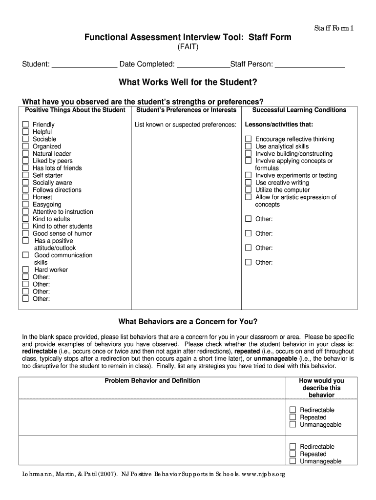  Staff Form1 Functional Assessment Interview Tool Staff Form Escambia K12 Fl 2007-2024