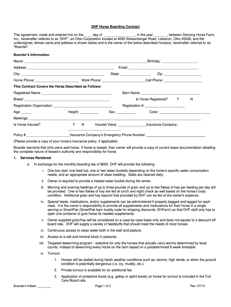 Printable Horse Boarding Contract  Form