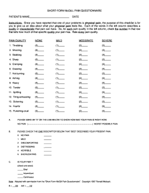 Mcgill Pain Questionnaire Online  Form