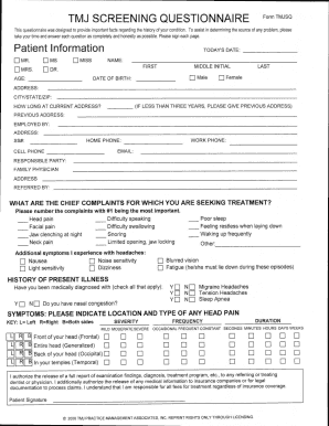 TMJ SCREENING QUESTIONNAIRE Form TMJSQ Patient Information