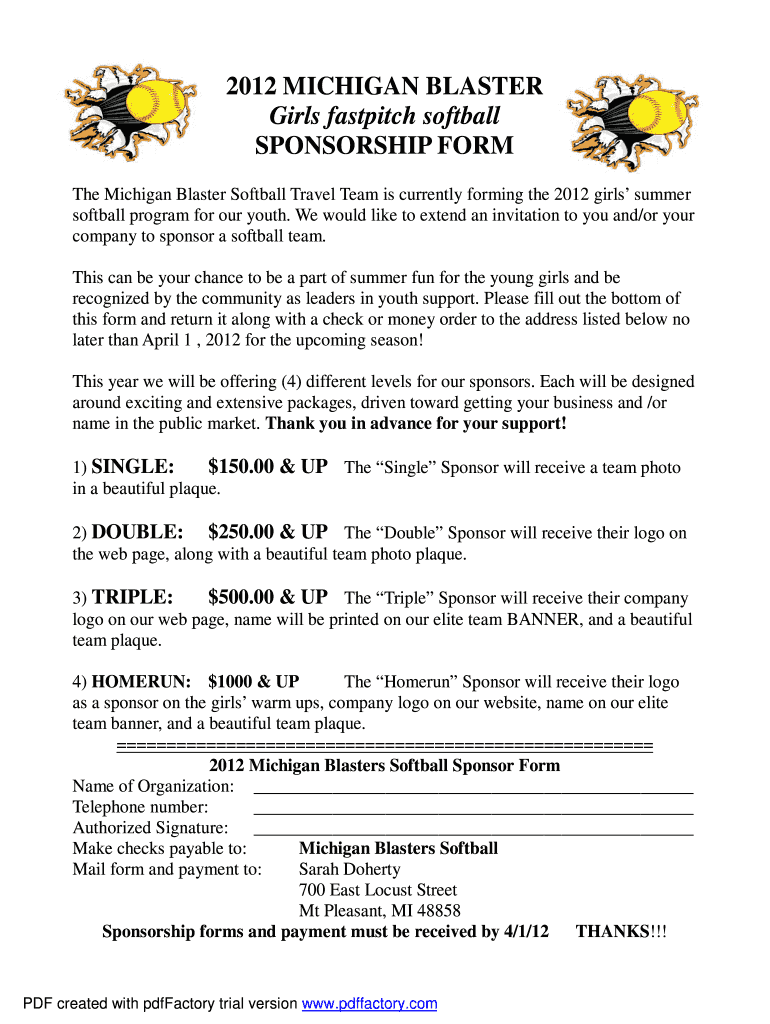 Softball Sponsorship Letter  Form