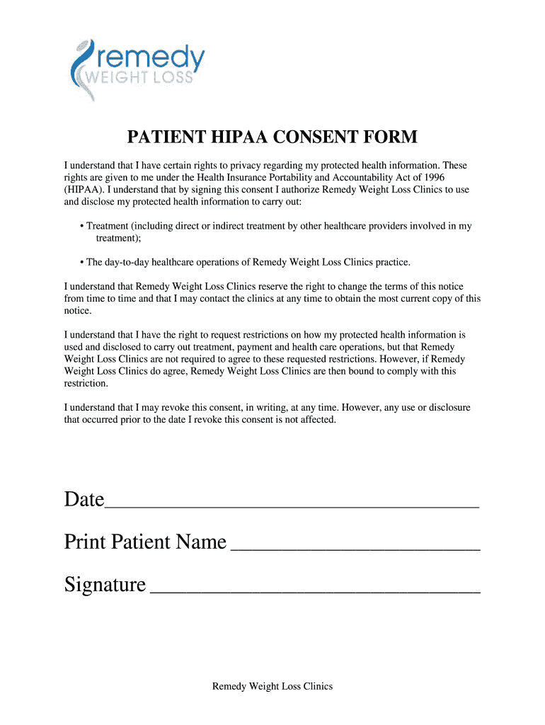 PATIENT HIPAA CONSENT FORM Remedy Weight Loss