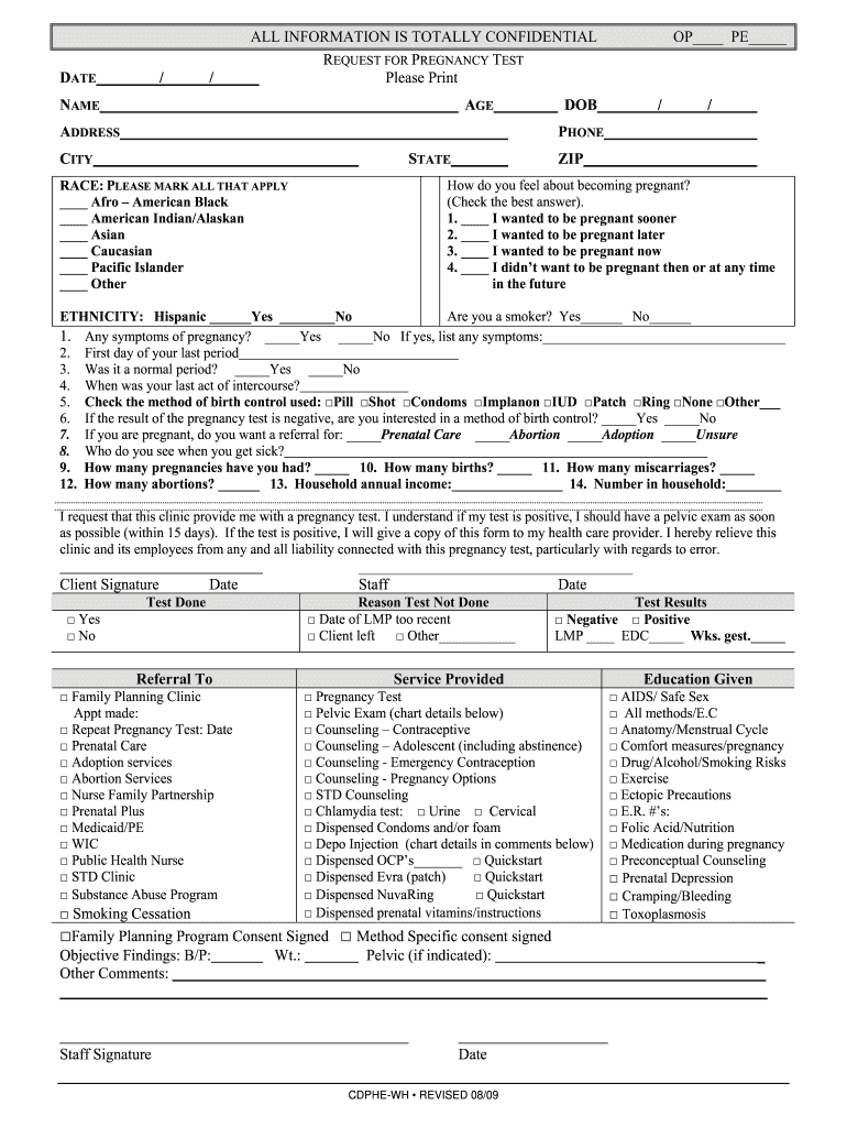  Pregnancy Test Request Form  Colorado Gov 2009