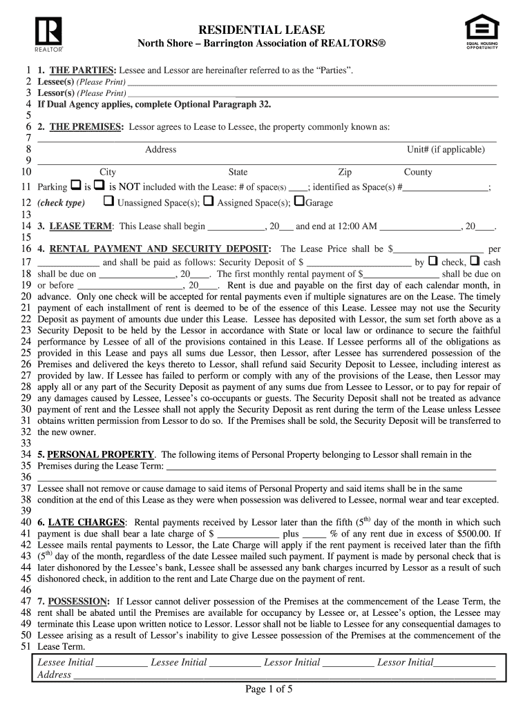 North Shore Barrington Residential Lease  Form