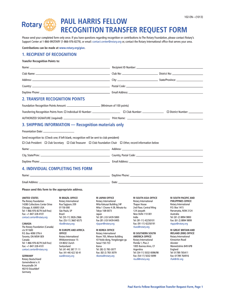  Paul Harris Recognition Transfer Request Form 2013-2024