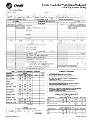 Florida Residential Whole House Worksheet for Trane Florida  Form