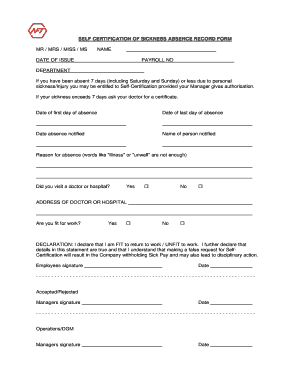 Printable Self Certification Form