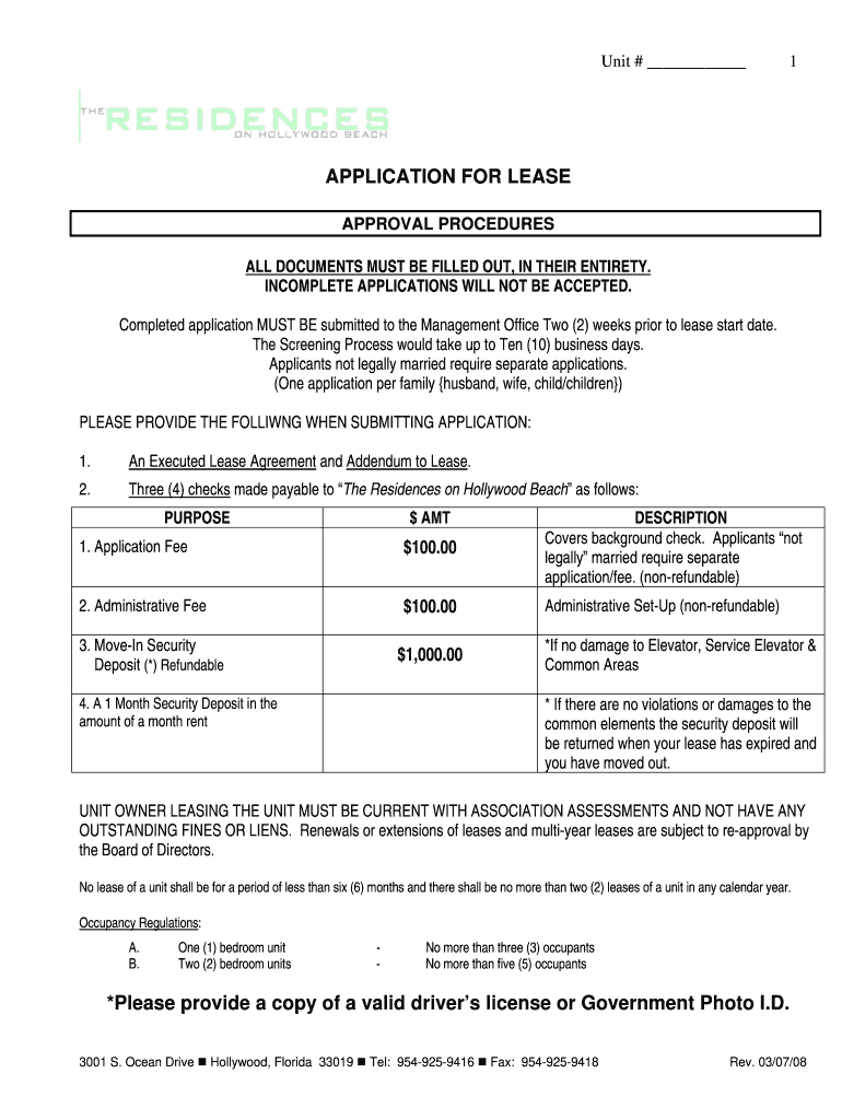  Lease Application  the Residences on Hollywood Beach 2008-2024