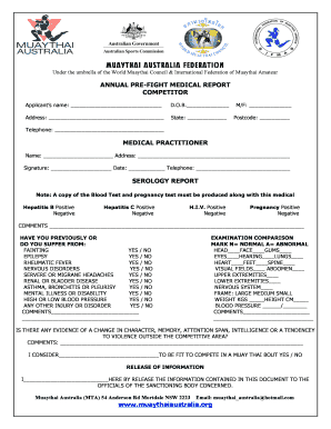 Mauythai Australia Federation Annual Pre Fight Medical  Form