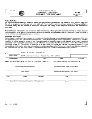 South Carolina Resale CertificateST 8A PDF Becoparts  Form