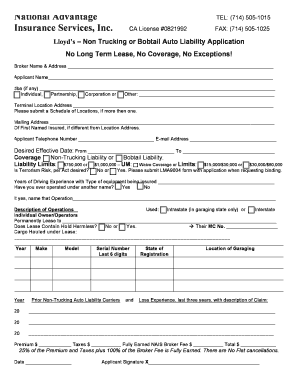 Lloyd39s Non Trucking or Bobtail Auto Liability BApplicationb L NTL  Form