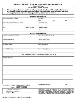 DHS 1925, Request by Adult Adoptee for Identifying Information PERMITS Michigan